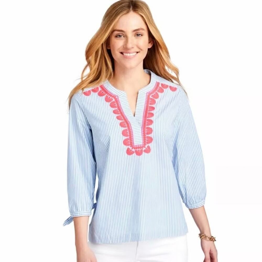 Vineyard Vines Savannah Popover Top Blue White Stripe Pink Embroidery Small